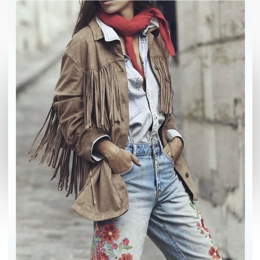 Free People We The Free Fringe Out Vegan Suede Smoked Green Jacket Size Large